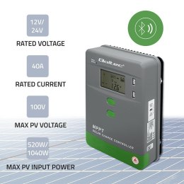 Solarny regulator ładowania MPPT z czujnikiem temperatury 40A | 12V/24V | LCD | 2xUSB | Bluetooth | APP | GEL | LiFePO4