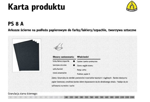 KLINGSPOR ARKUSZE ŚCIERNE NA PODŁOŻU PAPIEROWYM 230mm x 280mm PS8A NA MOKRO gr. 320 /50szt.