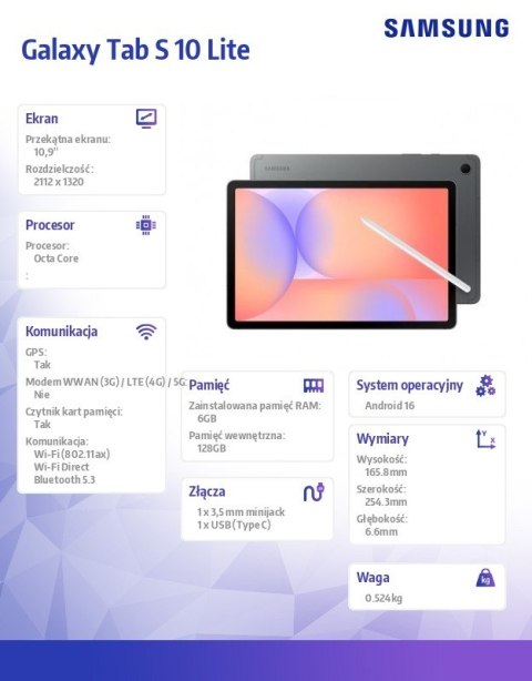 Tablet Galaxy Tab S10 Lite X400 10.9 cala Wifi 6/128GB szary
