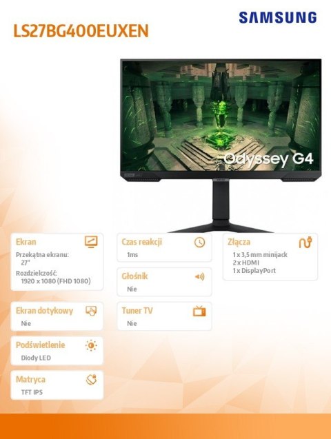 Monitor 27 cali LS27BG400EUXEN IPS 1920x1080 FHD 16:9 2xHDMI/1xDP 1 ms (GTG) płaski HAS+PIVOT 240Hz Gaming 2 lata d2d