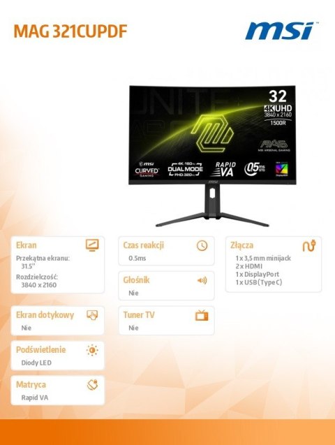 Monitor MAG 321CUPDF 31.5 cala/LED/UHD/Curved/160HZ/Black