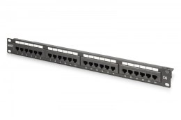 Panel krosowy (patch panel) 19'' 24x RJ45, LSA pion, kat.6, nieekranowany, 1U, prowadnica kabli, pola opisowe, Czarny