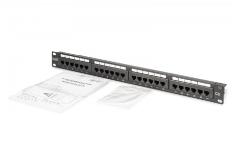 Panel krosowy (patch panel) 19'' 24x RJ45, LSA pion, kat.6, nieekranowany, 1U, prowadnica kabli, pola opisowe, Czarny