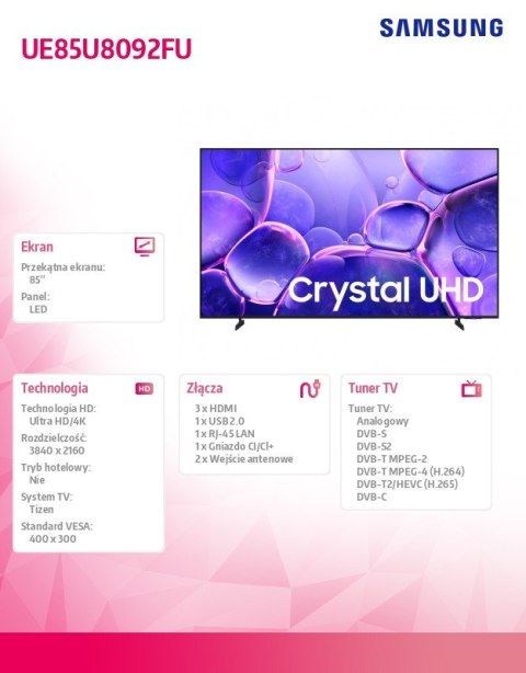 Telewizor LED 85 cali UE85U8092FUXXH