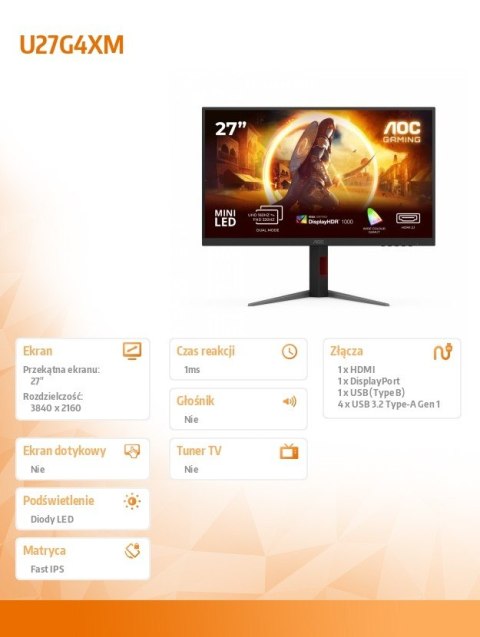 Monitor U27G4XM 27 cali Fast IPS 4K 160Hz Mini LED HDMI DP Pivot