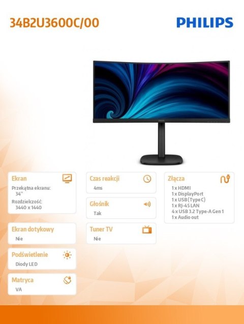 Monitor 34B2U3600C 34 cale Curved VA HDMIx2 DP HAS RJ-45